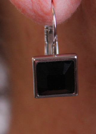 Myka Small Square Euroback Earring in Jet Swarovski Crystal detail view - Fashion Crossroads Inc.