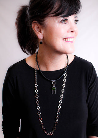 Myka Lea Detachable Pendant With Swarovski Emerald And Jet Crystals styled view - Fashion Crossroads