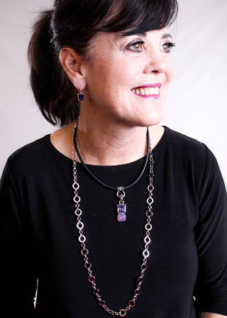 Myka Beth Detachable Pendant in Rose & Amethyst Swarovski Crystal styled view - Fashion Crossroads