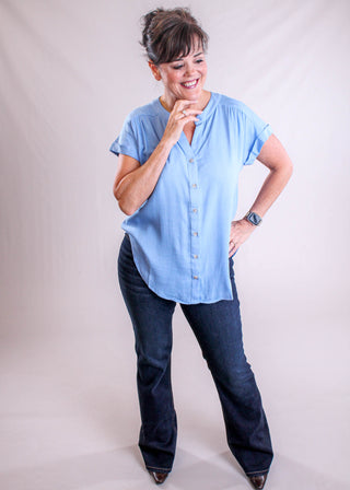 Blu Pepper Short Sleeve Button Down Top modeled view - Fashion Crossroads Inc.