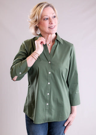 Foxcroft Mary 3/4 Sleeve Button Down Blouse front view - Fashion Crossroads Inc