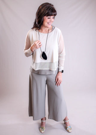 Sympli Side Slit Wide Capris Taupe modeled - Fashion Crossroads Inc.