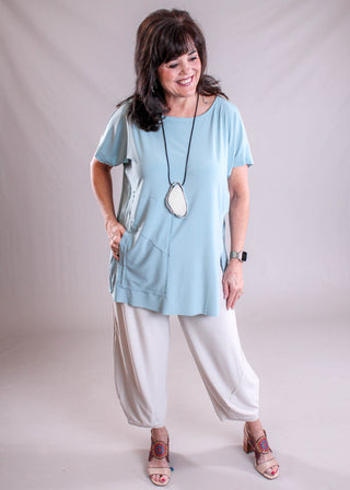 Sympli Splice Pocket Top Stone Blue modeled - Fashion Crossroads Inc.