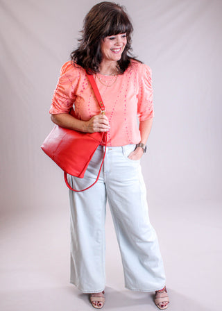 Democracy Keyhole Top with Rouched Elbow Sleeves modeled view - Fashion Crossroads Inc.