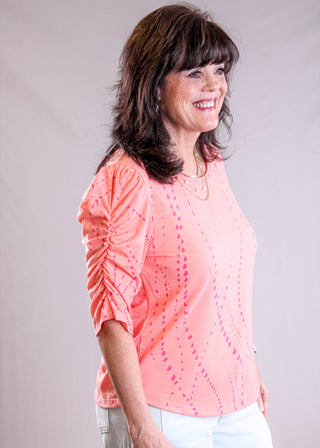 Democracy Keyhole Top with Rouched Elbow Sleeves side view - Fashion Crossroads Inc.