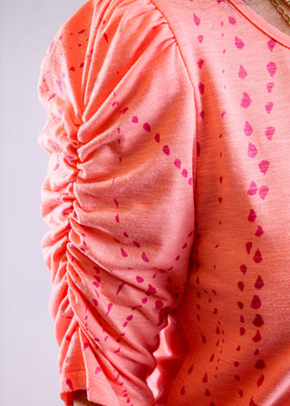 Democracy Keyhole Top with Rouched Elbow Sleeves detail view - Fashion Crossroads Inc.