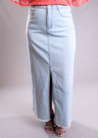Tribal Sportswear Denim Skirt with Front Slit front view - Fashion Crossroads Inc.