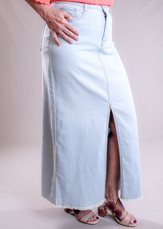 Tribal Sportswear Denim Skirt with Front Slit side view - Fashion Crossroads Inc.