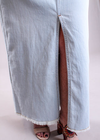 Tribal Sportswear Denim Skirt with Front Slit detail view - Fashion Crossroads Inc.