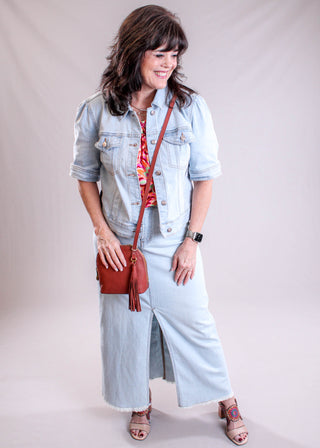 Tribal Sportswear Denim Skirt with Front Slit modeled view - Fashion Crossroads Inc.