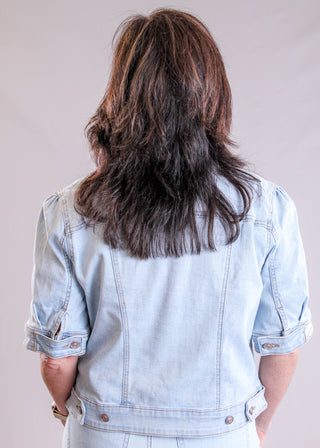Tribal Sportswear Elbow Sleeve Denim Jacket front view - Fashion Crossroads Inc.