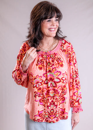 Democracy Blouson Sleeve Top front untucked view - Fashion Crossroads inc.