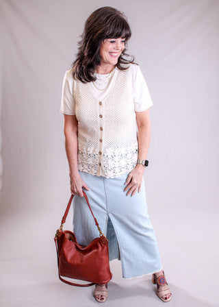 Tribal Sportswear Denim Skirt with Front Slit modeled view - Fashion Crossroads Inc.