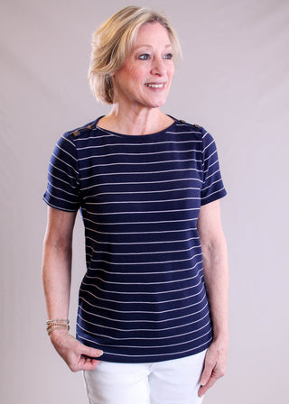 Staccato Short Sleeve Top with Shoulder Buttons front view - Fashion Crossroads Inc.