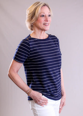 Staccato Short Sleeve Top with Shoulder Buttons side view - Fashion Crossroads Inc.