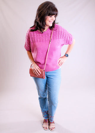 Tribal Sportswear Short Sleeve Fancy Stitch Sweater modeled view - Fashion Crossroads Inc.