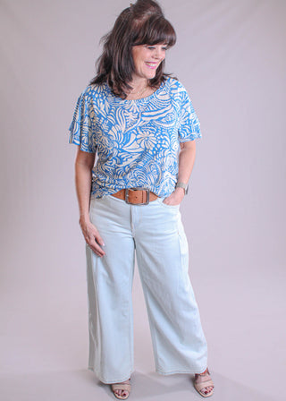 Tribal Sportswear Ruffle Sleeve Top modeled view - Fashion Crossroads Inc.