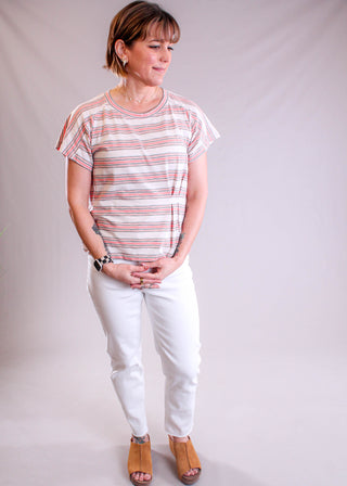 Democracy Soft Stripe Cotton Knit Top with Double Pleated side in Cream or Gray