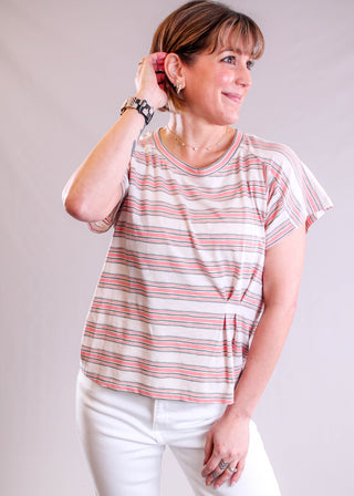 Democracy Soft Stripe Cotton Knit Top with Double Pleated side in Cream or Gray