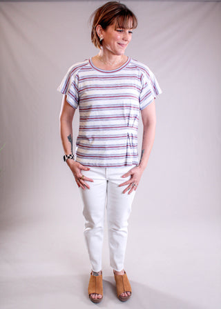 Democracy Soft Stripe Cotton Knit Top with Double Pleated side in Cream or Gray
