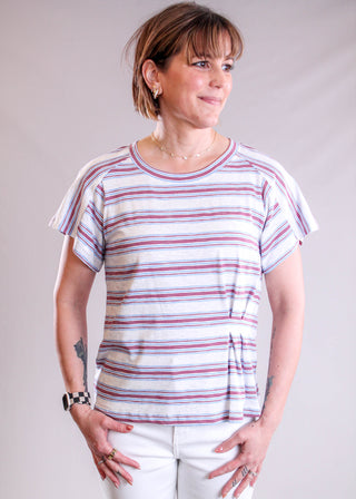 Democracy Soft Stripe Cotton Knit Top with Double Pleated side in Cream or Gray