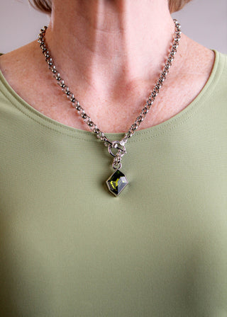 Myka Hyde Cosmic Detachable Pendant with Olivine Swarovski Crystal modeled view- Fashion Crossroads