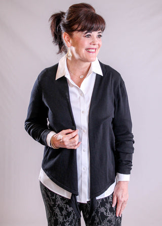 Charlie B Bolero Sweater with Tie Front front view - Fashion Crossroads Inc.