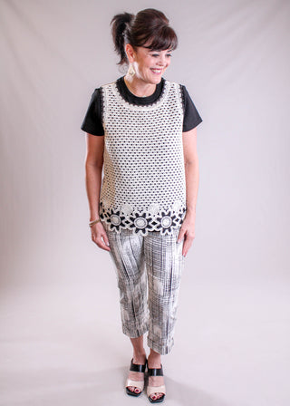 Charlie B Sleeveless Crochet Flower Top modeled view - Fashion Crossroads Inc.