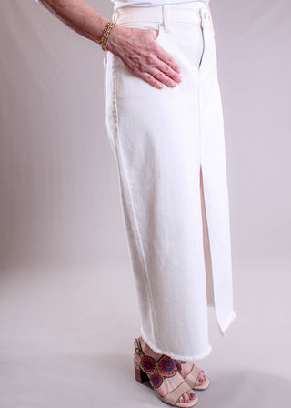 Liverpool Denim Maxi Skirt with Front Slit side view - Fashion Crossroads Inc