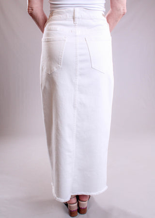 Liverpool Denim Maxi Skirt with Front Slit back view - Fashion Crossroads Inc