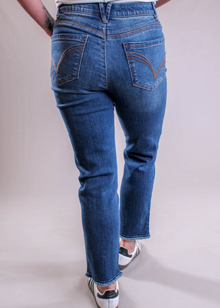 Democracy Slim Straight Leg Jean With Frayed Hem back view - Fashion Crossroads Inc