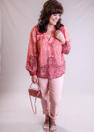 Liverpool Long Sleeve Printed Top with V Neck model view - Fashion Crossroads Inc