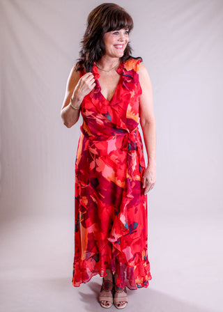Maggie London Sleeveless Maxi Dress with Ruffle Hem front view - Fashion Crossroads Inc
