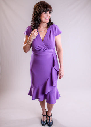 Maggie London Pleated Surplice Dress with Cap Sleeves front view - Fashion Crossroads Inc