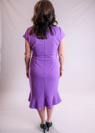 Maggie London Pleated Surplice Dress with Cap Sleeves back view - Fashion Crossroads Inc