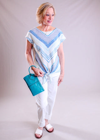 Charlie B Striped Linen Blend Tie Front Blouse with Cap Sleeve styled view - Fashion Crossroads Inc.