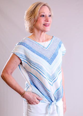 Charlie B Striped Linen Blend Tie Front Blouse with Cap Sleeve side view - Fashion Crossroads Inc.