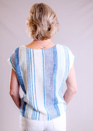 Charlie B Striped Linen Blend Tie Front Blouse with Cap Sleeve back view - Fashion Crossroads Inc.