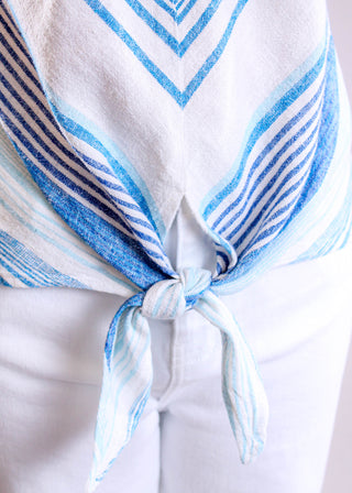 Charlie B Striped Linen Blend Tie Front Blouse with Cap Sleeve tie view - Fashion Crossroads Inc.