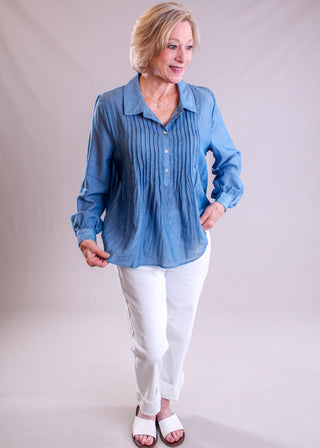 Liverpool Long Sleeve Popover Woven Blouse styled view - Fashion Crossroads Inc.