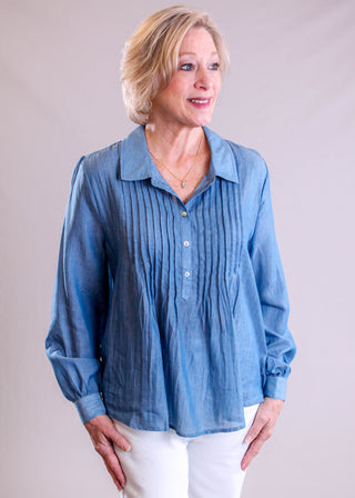 Liverpool Long Sleeve Popover Woven Blouse front view - Fashion Crossroads Inc.