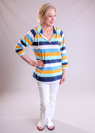 Tribal Sportswear Raglan Drawstring Striped Hoodie styled view - Fashion Crossroads Inc.