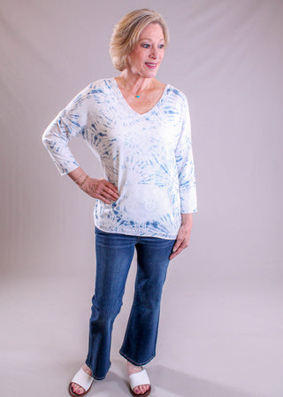 Charlie B 3/4 Sleeve V Neck Printed Knit Top blue styled view - Fashion Crossroads Inc.