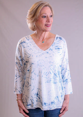 Charlie B 3/4 Sleeve V Neck Printed Knit Top blue front view - Fashion Crossroads Inc.