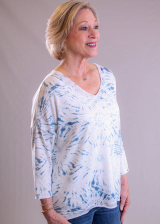 Charlie B 3/4 Sleeve V Neck Printed Knit Top blue side view - Fashion Crossroads Inc.