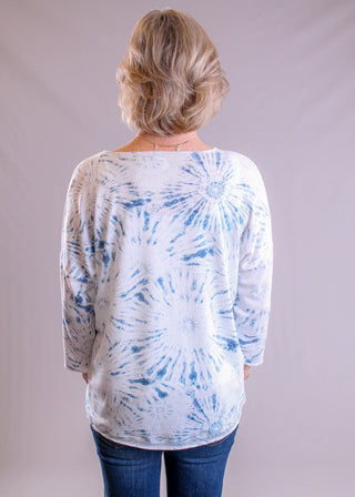 Charlie B 3/4 Sleeve V Neck Printed Knit Top blue back view - Fashion Crossroads Inc.