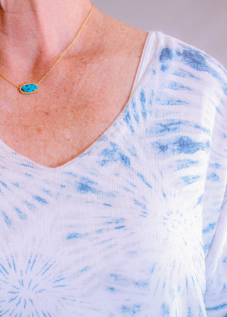 Charlie B 3/4 Sleeve V Neck Printed Knit Top blue detail view - Fashion Crossroads Inc.
