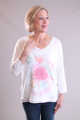 Charlie B 3/4 Sleeve V Neck Printed Knit Top pink front view - Fashion Crossroads Inc.