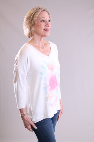 Charlie B 3/4 Sleeve V Neck Printed Knit Top pink side view - Fashion Crossroads Inc.