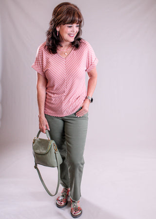 Staccato Stripe V Neck Top with Rolled Short Sleeves